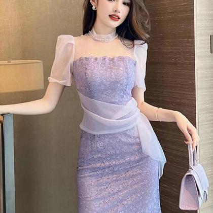 Lavender Lace Dress With Sheer Puff Sleeves on Luulla