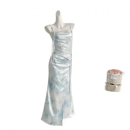 Chic Satin Spaghetti Strap Floor-length Gown with Bow Ocean Blue