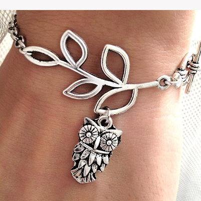 Silver Leaf branch,Owl Charm bracel..