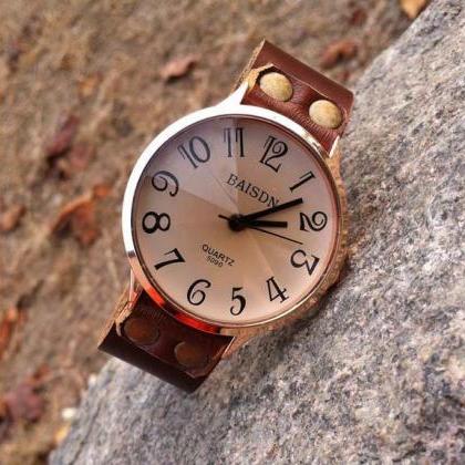 Brown Leather Strap Casual Watch-womens Leather..