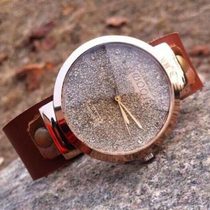 Retro Rhinestone Glitter Leather Watch -womens..