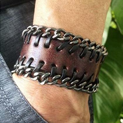 Antique Leather Wristband With Metal Chains Cuff..