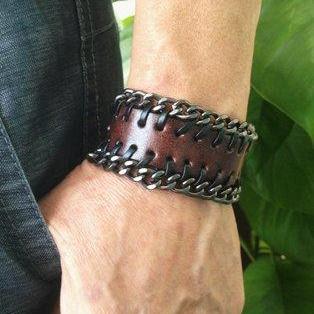 Antique Leather Wristband With Metal Chains Cuff..