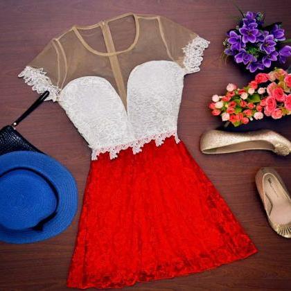 Red Lace zipper stitching Sexy Dres..