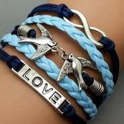 Infinity love & Love Bird Bracelet Charm Bracelet Silver Bracelet Navy blue Wax Cords light blue Leather Charm Bracelet Personalized Bracelet
