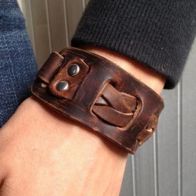 Men's Brown Leather Cuff Bracelet, Leather Wrist Band Wristband Handcrafted Jewelry