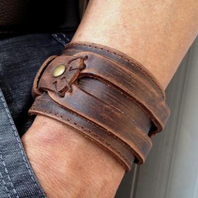 Cuff bracelet,Antique Men's Brown Leather Cuff Bracelet, Leather Wrist Band Wristband Handcrafted Jewelry