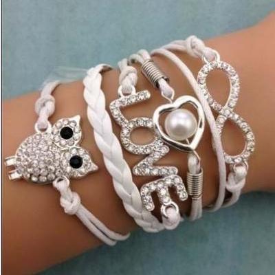 White Handmade Multilayer Leather Rhinestone Infinity Love Owl Heart Pearl Charm Bracelet