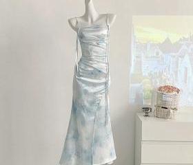 open side back spaghetti zig zag tie satin gown