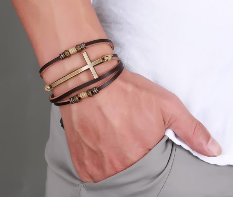 Genuine Real Leather Cross Bracelets & Bangles For Women Men Jewelry Gift