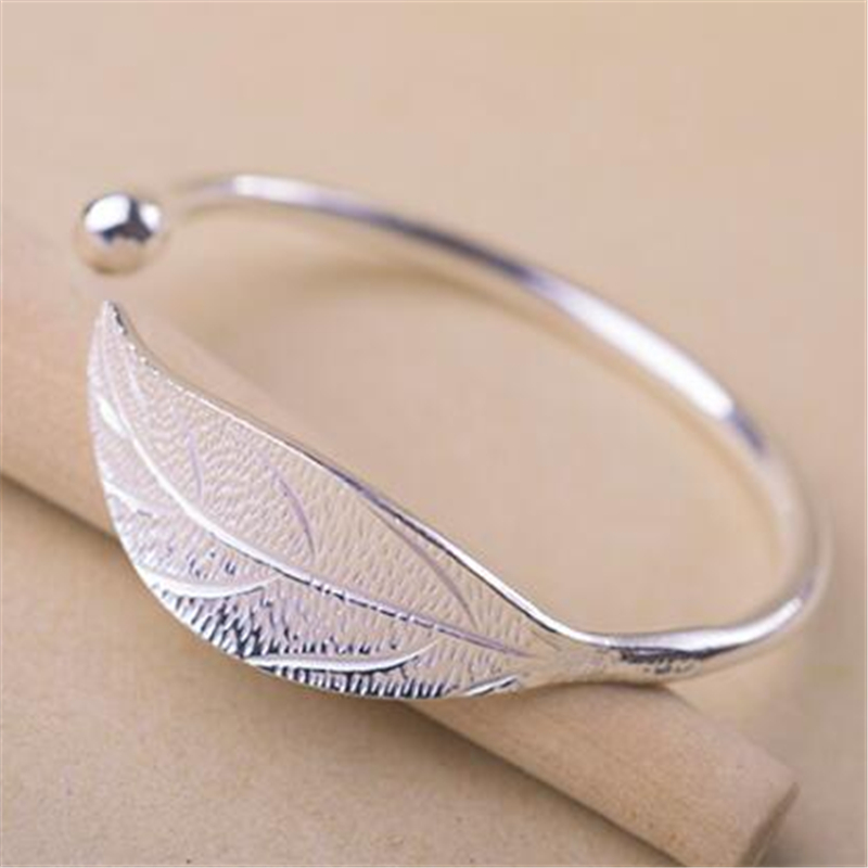 Fashion 925 Sterling Silver Leaf Opening Bracelet For Women Girls Lady