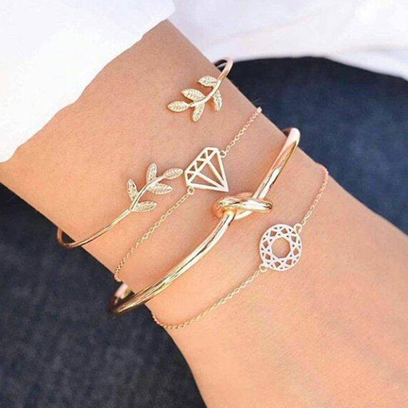 4pcs/set Leaves Knot Round Chain Gold Bracelet Set Women Fashion Jewelry Gift