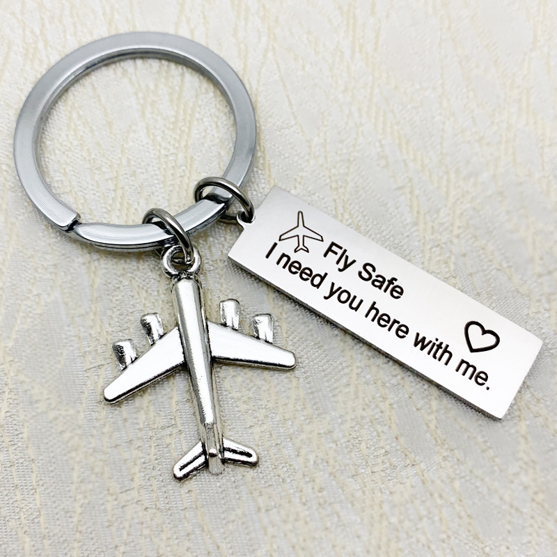 Silver Airplane Key Chain Drive Safe Fly Safe Keychain