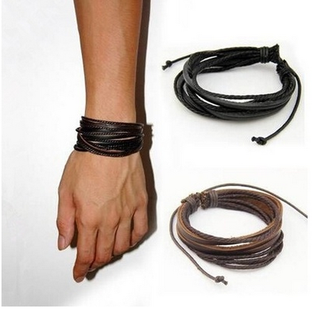 2pcs Men's Fashion Casual Bracelet Vintage Leather Accessories Black & Brown Adjustable
