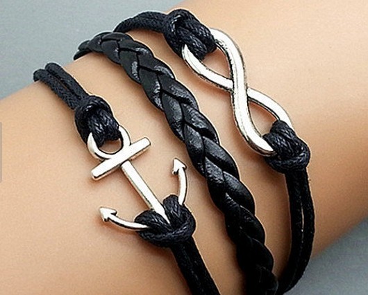 Infinity & Anchor Bracelet Charm Bracelet Silver Bracelet Black Korean Wax Cords Black Leather Charm Bracelet Personalized Bracelet