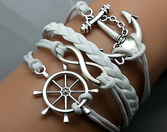 Infinity Bracelet Anchor Bracelet Steering Wheel Charm Bracelet Antique silver White Wax Cords Adjustable Weave Bangle Personalized Bracelet