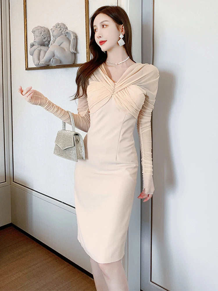 knee length dresses for ladies Sage Silky Collared Tie Up Long Sleeve Ruched Dress