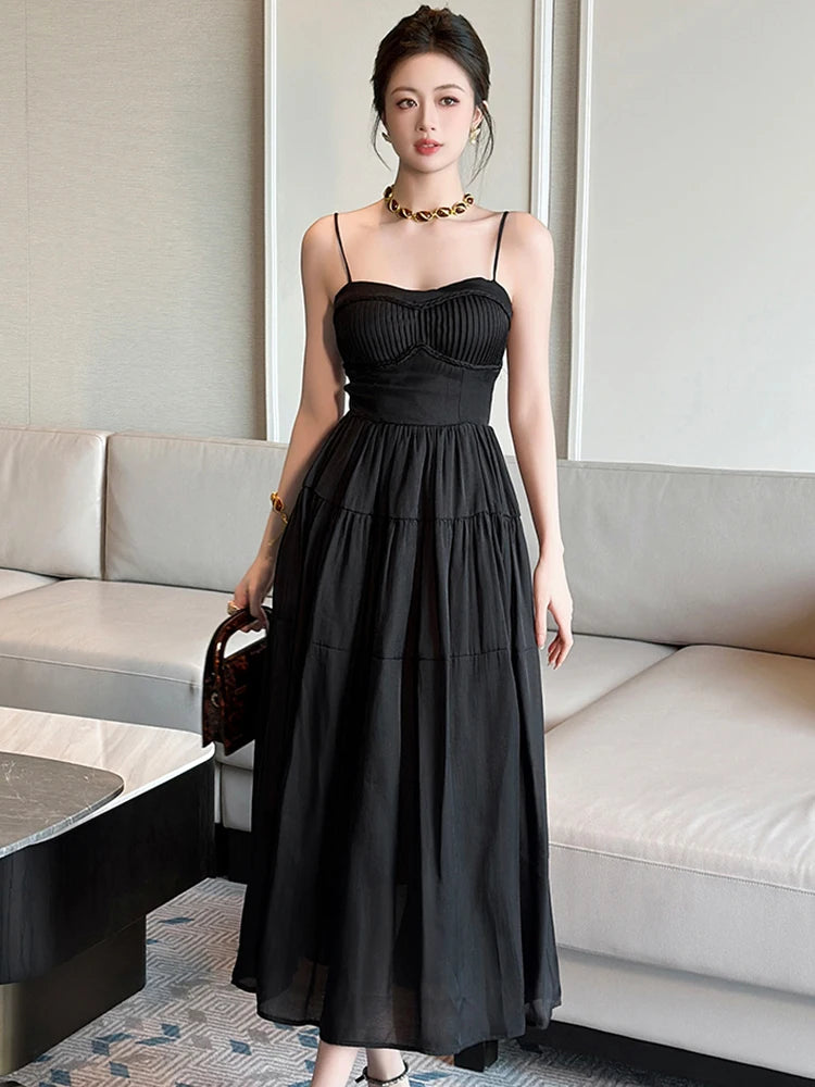 Black Spaghetti Strap Pleated A-line Midi Dress on Luulla