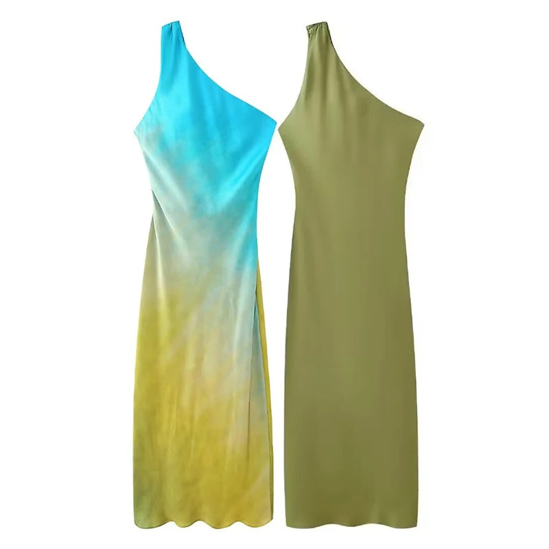 strapless open back dress Ombre Print Twist Mesh One Shoulder Sleeveless Midi Dress – Micas main image 0