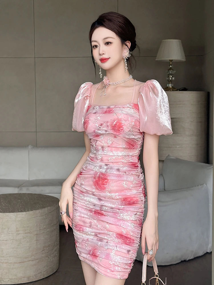 Floral Puff Sleeve Ruched Bodycon Dress Pink on Luulla