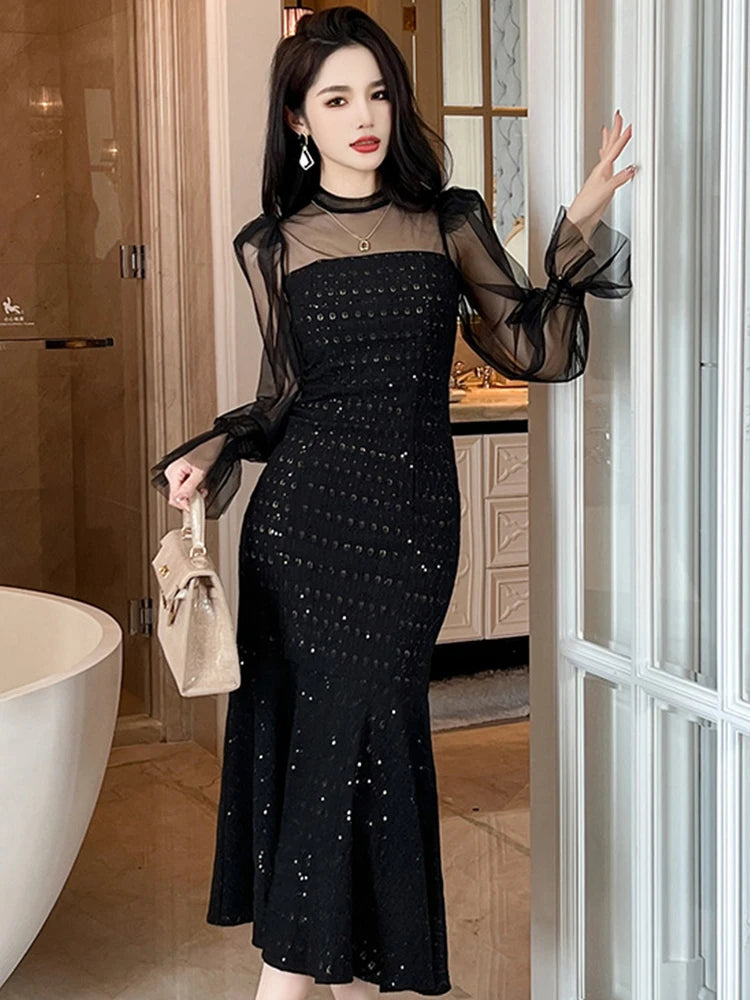 Sheer Sleeve Sequin Black Evening Gown Dress
