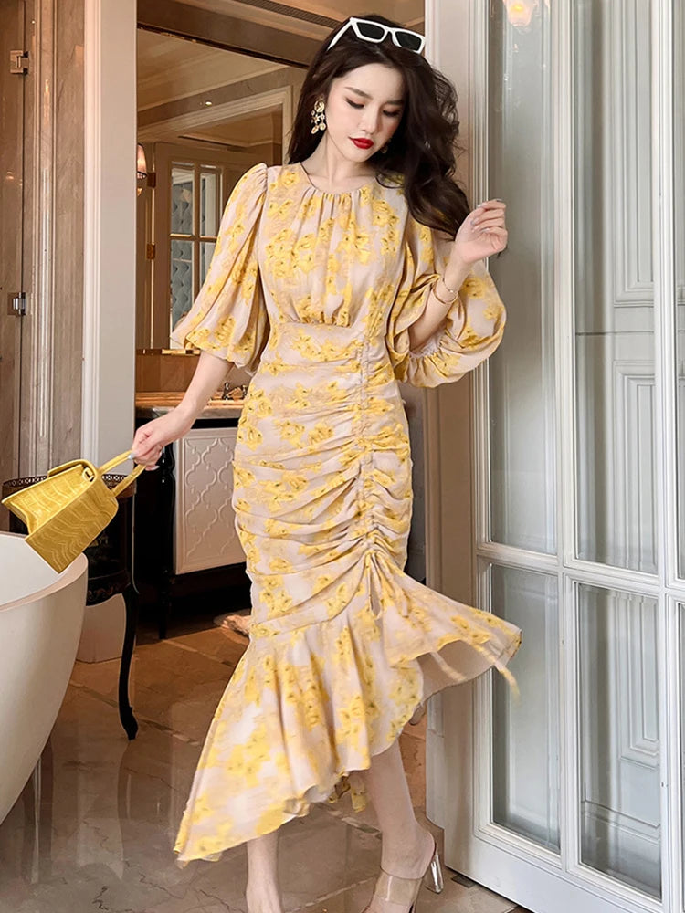 floral ruched dress puff sleeve Ruched Floral Puff Sleeve Dress-Cherry Pink RESTOCKED