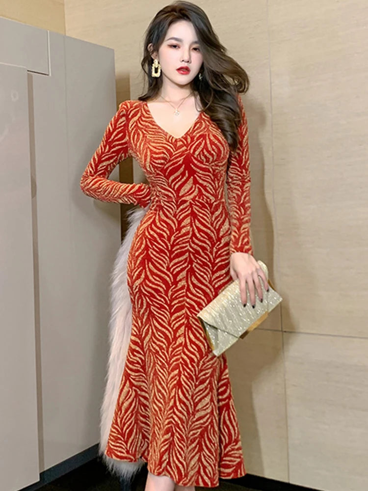Elegant Luxury Long Dresses For Women 2023 Print Bright Shine Silk Bodycone  Maxi Mermaid Robe Femme Clothes Party Prom Vestidos