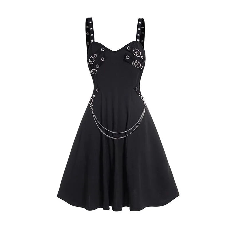 Black Studded Punk Rock Dress With Chains