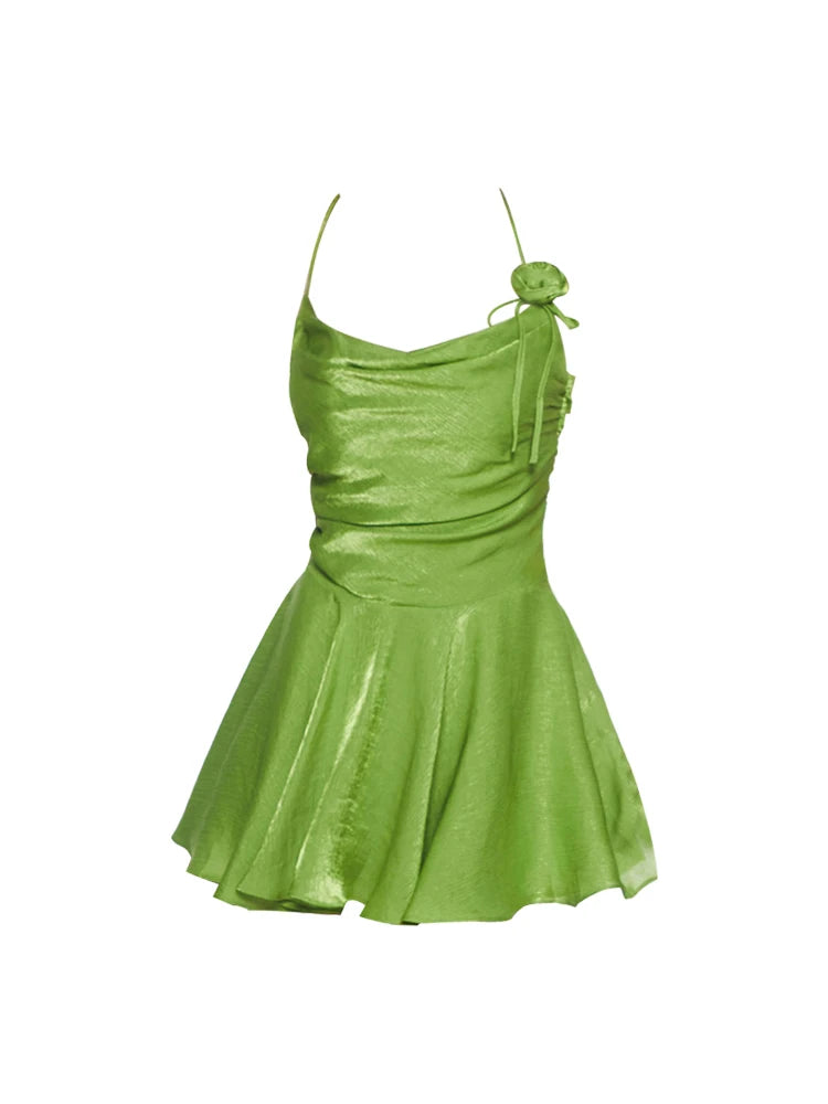 Green Satin Halter Dress with Bow Detail