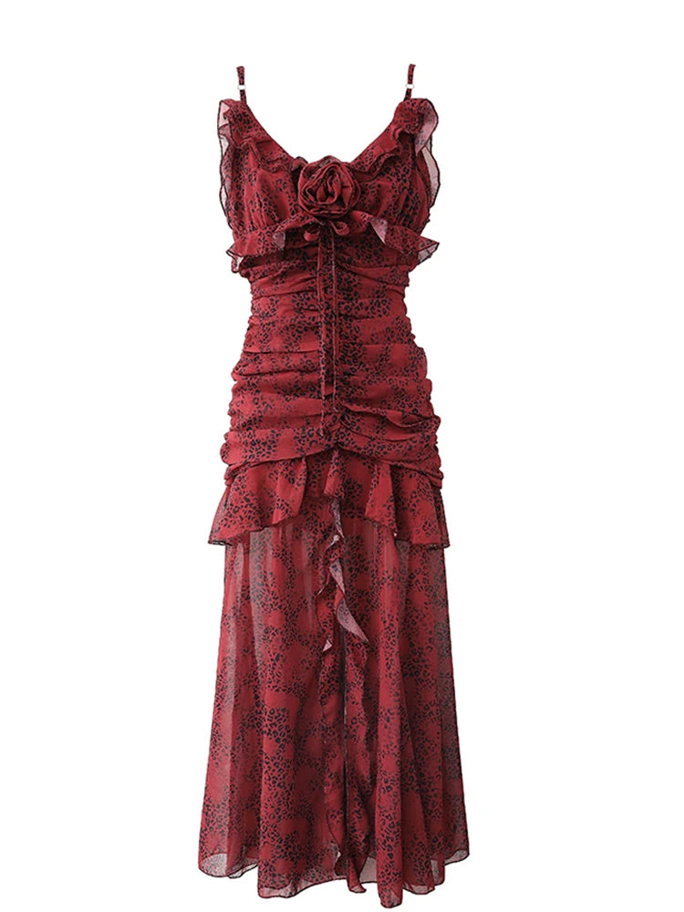 Ruched Floral Red Sleeveless Layered Maxi Dress on Luulla