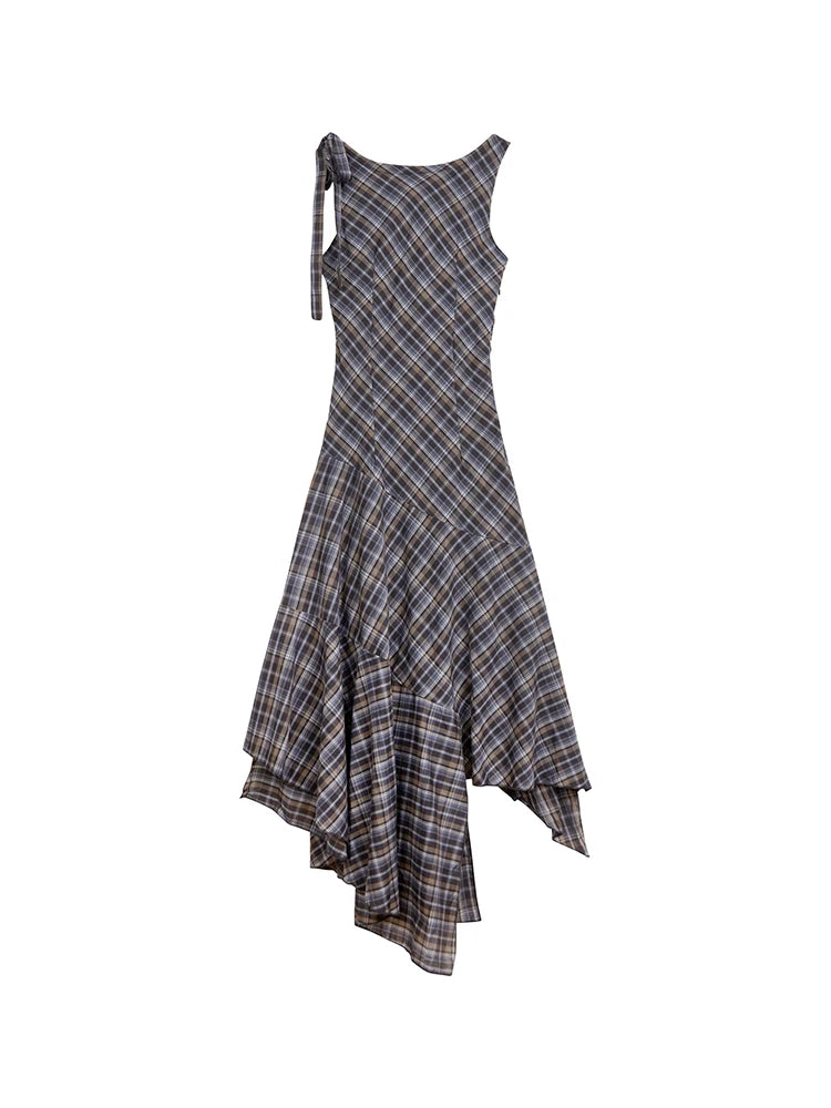 Asymmetric Plaid One-shoulder Evening Midi Dress