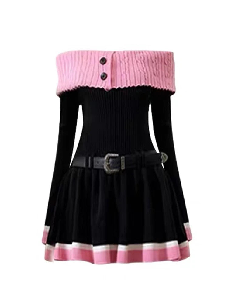 Trendy Off-shoulder Knit Dress With Belted Waist