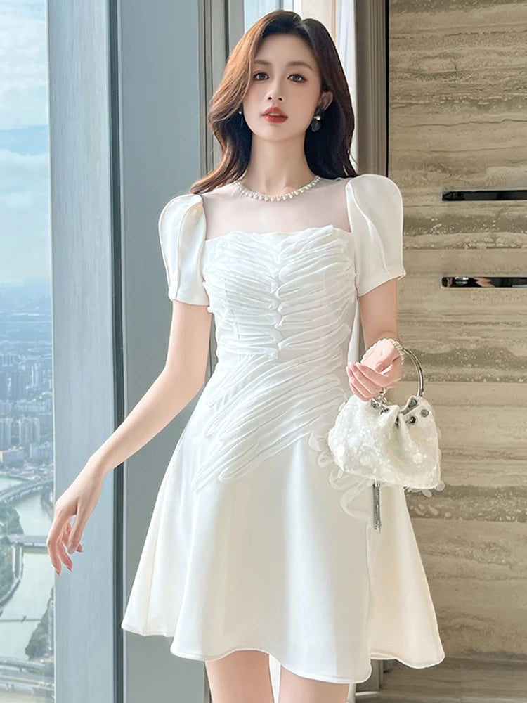 white sheer puff sleeve dress White Puff Sleeve Dress With Sheer