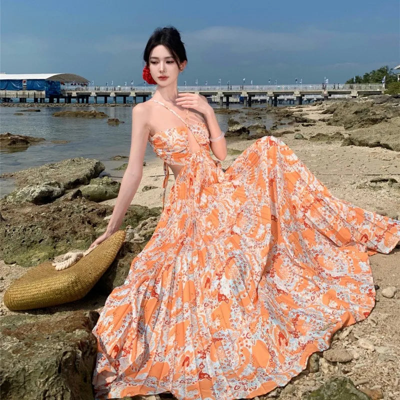 Thai Printed Hanging Neck Dress For Women's Summer Sexy Backless Pleated Super Fairy Large Swing Vacation Long Dress