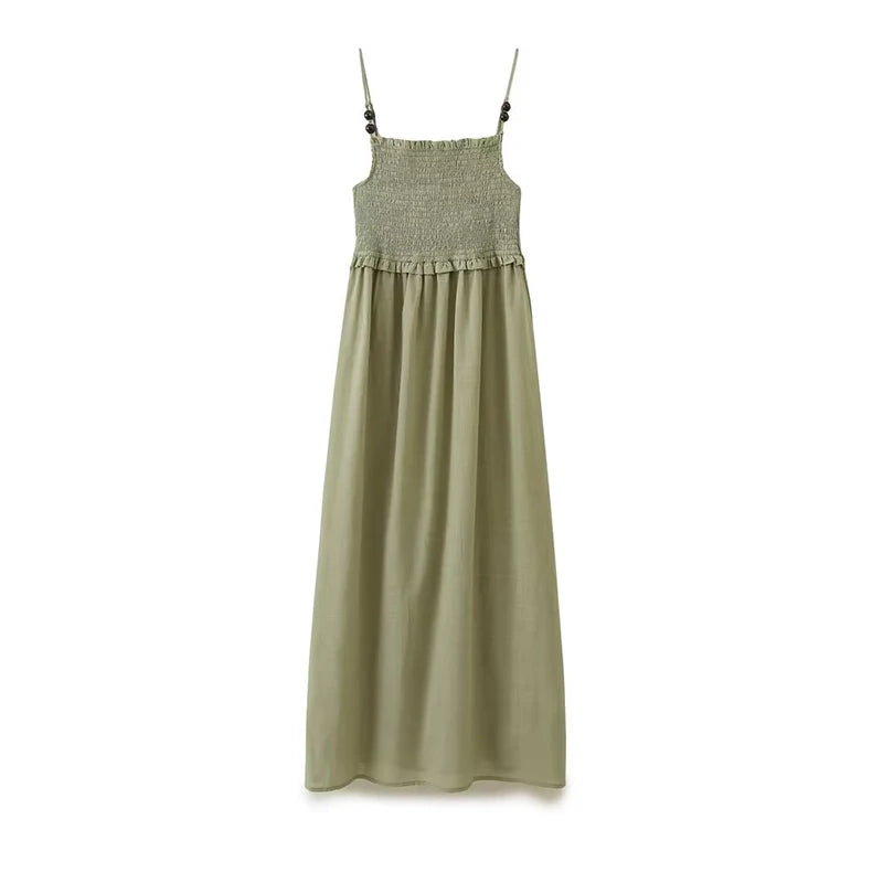 Smocked Olive Maxi Dress With Adjustable Straps
