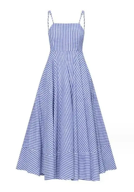 Striped Blue Midi Dress With Flared Hem