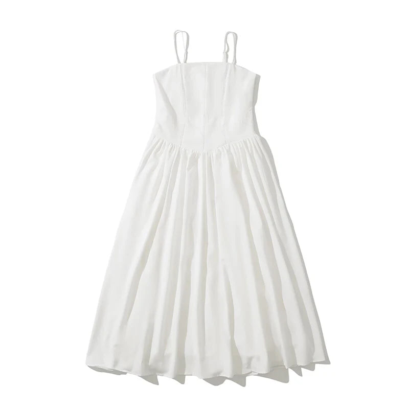 Sleeveless White Cotton Dress with Flowy Skirt