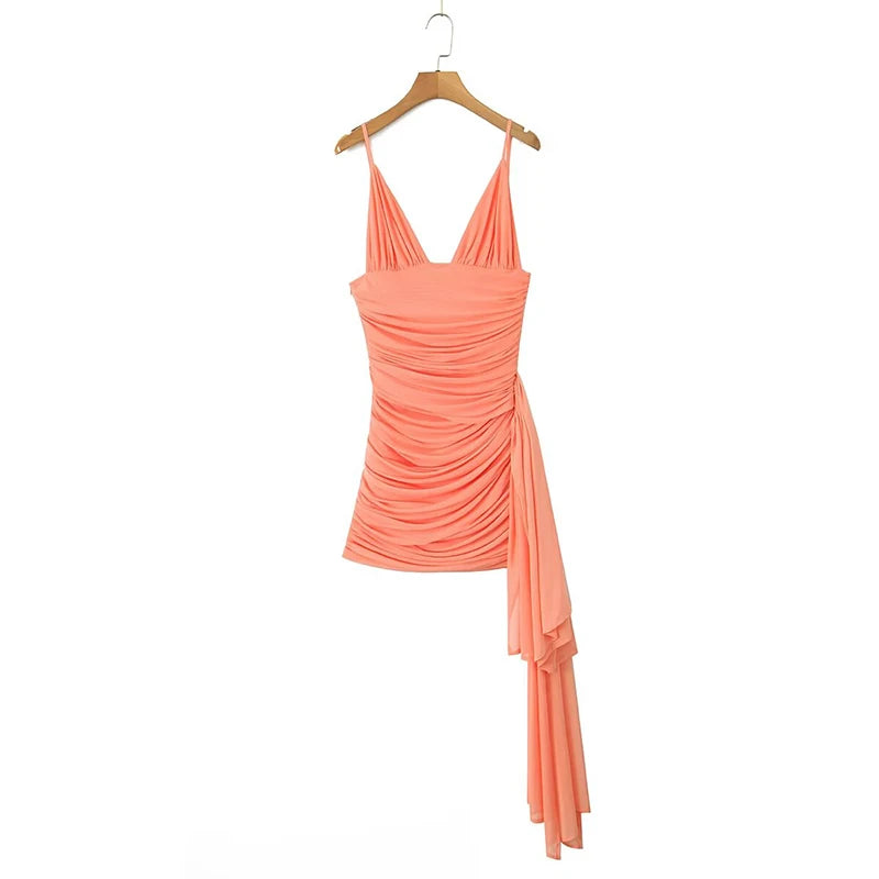 Ruched Peach Sleeveless Draped Bodycon Mini Dress on Luulla