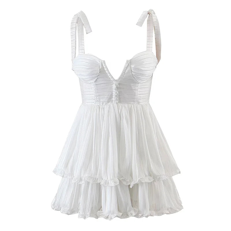 White Layered Flowy Mesh Sleeveless Dress
