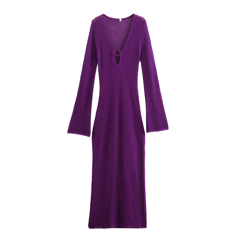 Long Sleeve Deep V Ribbed Knit Dress