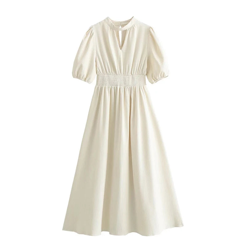 Puff Sleeve Midi Dress With Flowy Skirt on Luulla