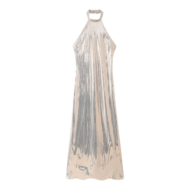 Silver Metallic Halter Maxi Dress For Parties
