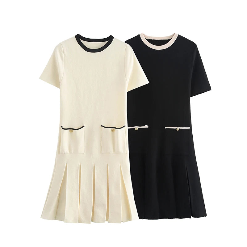 navy blue dress for baby girl Contrast-Trim A-Line Dress with Pockets
