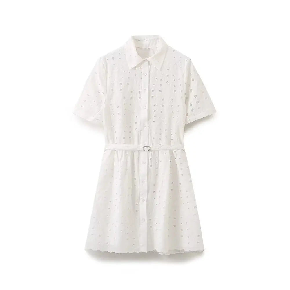 white eyelet short sleeve dress D.Exterior - White Eyelet Short Sleeve Dress