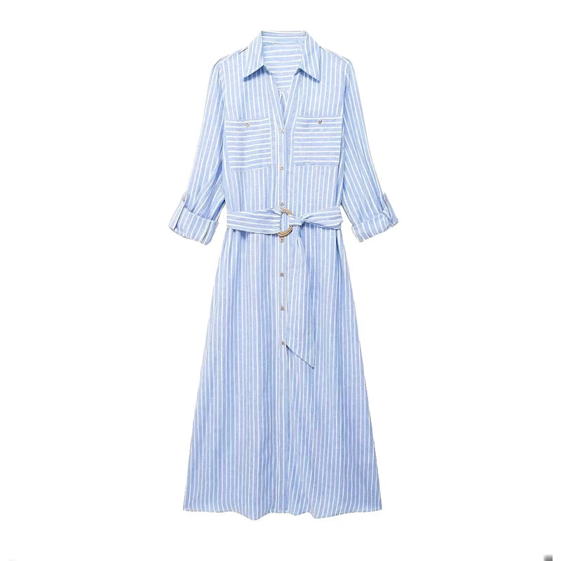 Striped Blue Shirt Dress With Belted Waist
