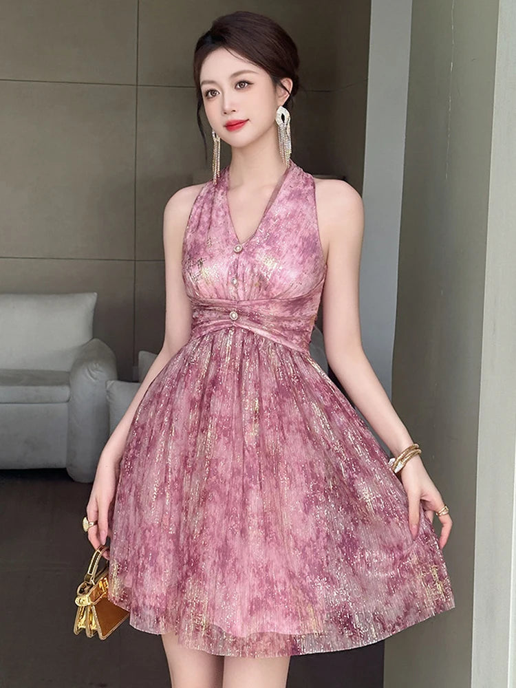 Sleeveless Pink Tie-dye Dress With Halter Neck