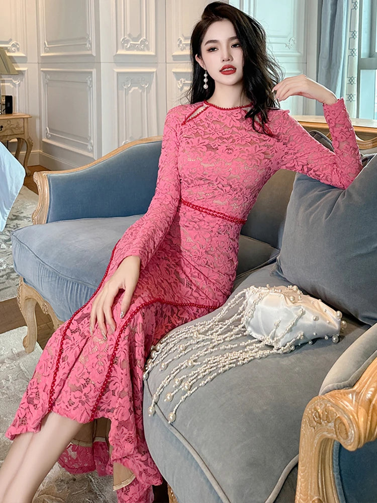 Pink Lace Long-sleeve Bodycon Maxi Dress on Luulla