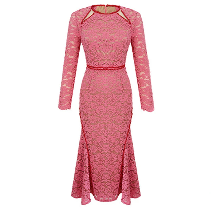 Pink Lace Long-sleeve Bodycon Maxi Dress on Luulla