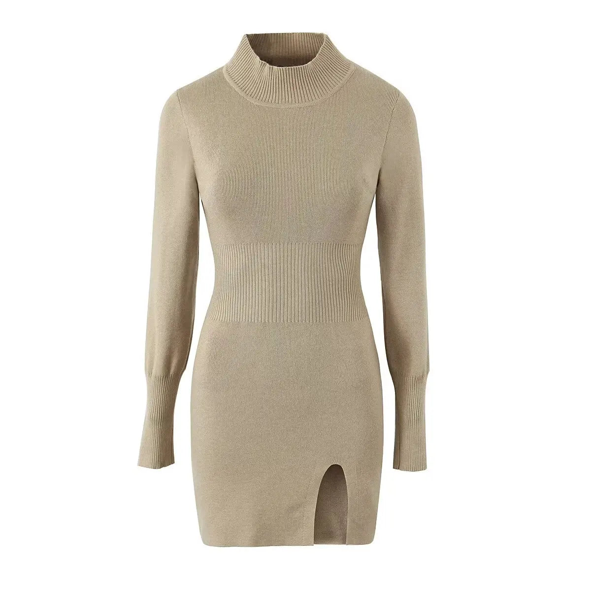 Yenkye Women Half High Collar Sexy Hem Slit Knit Dress Long Sleeve Sweater Mini Dresses Female Autumn Robe Black Khaki