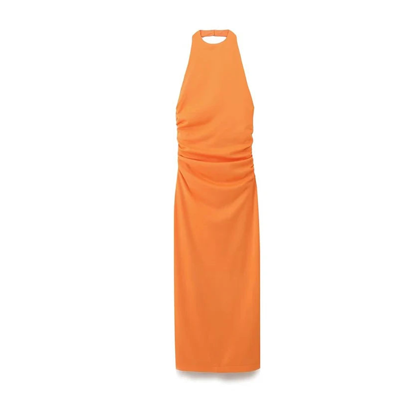 Sleeveless Orange Halter Maxi Dress with Ruching